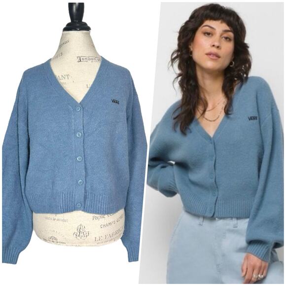 Vans | Women | Dusty Blue Relaxed Boxy Cropped V-Neck Skater Cardigan | Medium - Picture 1 of 13